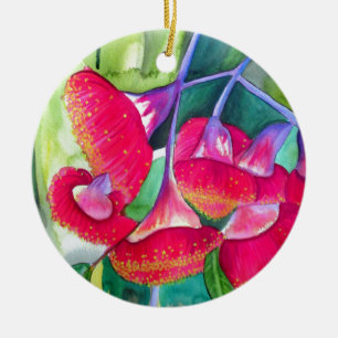 Australisk röd blommar gumnut vattencolor art julgransprydnad keramik