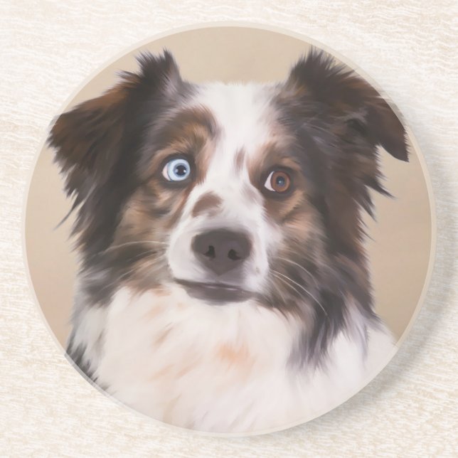 Australisk Shepherd Hund Oljemålning Konst Underlägg Sandsten (Framsidan)