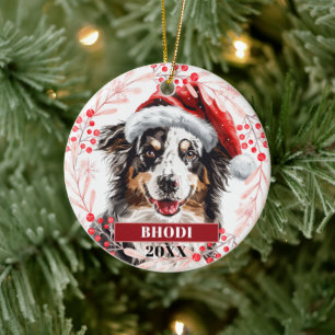 Australisk shepherd i Santa-hatt Prydnad Julgransprydnad Keramik