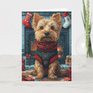 Australisk terrier med julklappar öppen spis kort