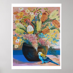Australiska Blek-head Rosella & wildblommor Poster