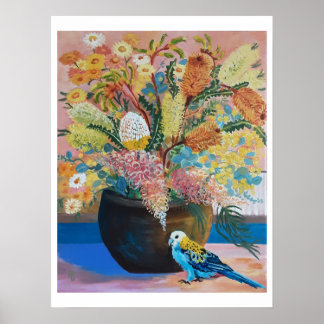 Australiska Blek-head Rosella & wildblommor Poster