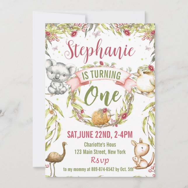 Australiska djur Födelsedagsfest inbjudan (Framsida)