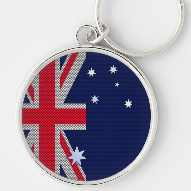 Australiska Flagga Design Carbon Fiber Stil Rund Silverfärgad Nyckelring (Framsidan)