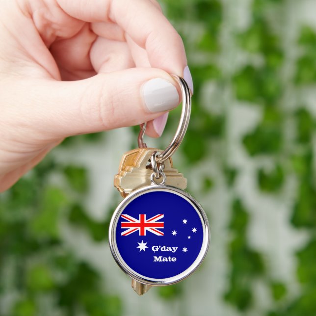 Australiska Flagga & G'day Mate hälsning / Austral Rund Silverfärgad Nyckelring (Hand)