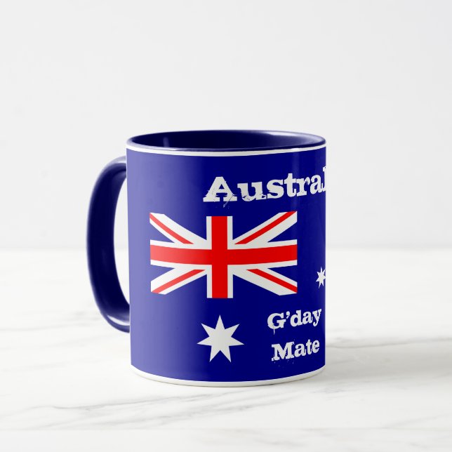 Australiska Flagga & G'day Mate kaffe mugg/Austral Mugg (Framsida vänster)