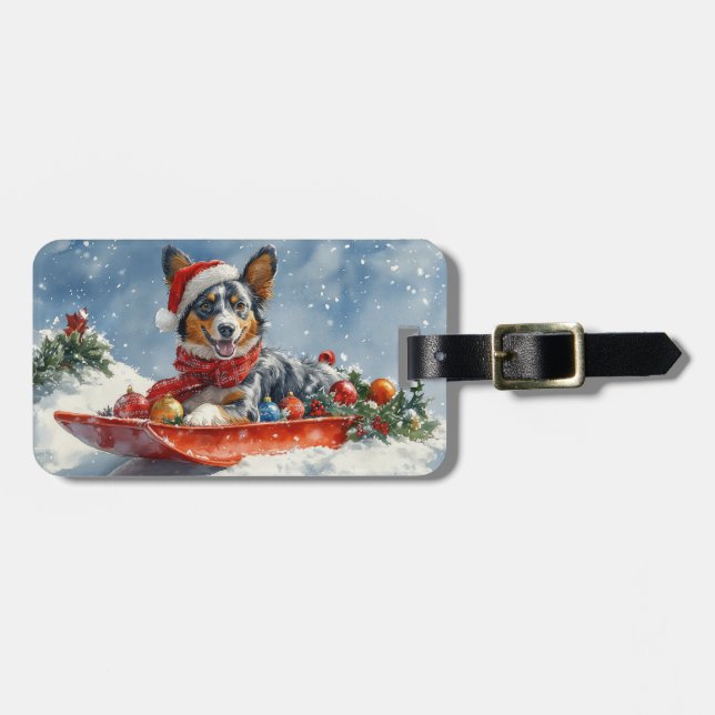 Australsk Kelpie i släde Låt det snöa jul Bagagebricka (Horisontell Framsida)