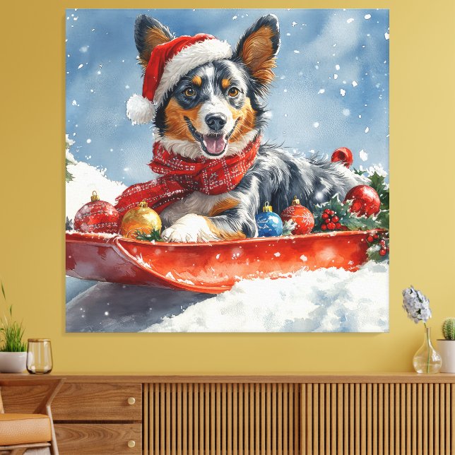 Australsk Kelpie i släde Låt det snöa jul Canvastryck (Insitu (Vardagsrum))