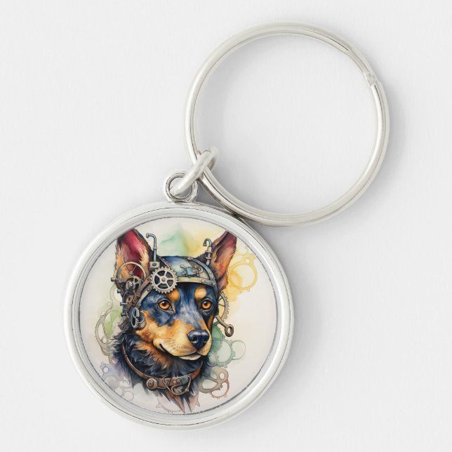 Australsk Kelpie Steampunk Hund Rund Silverfärgad Nyckelring (Framsidan)