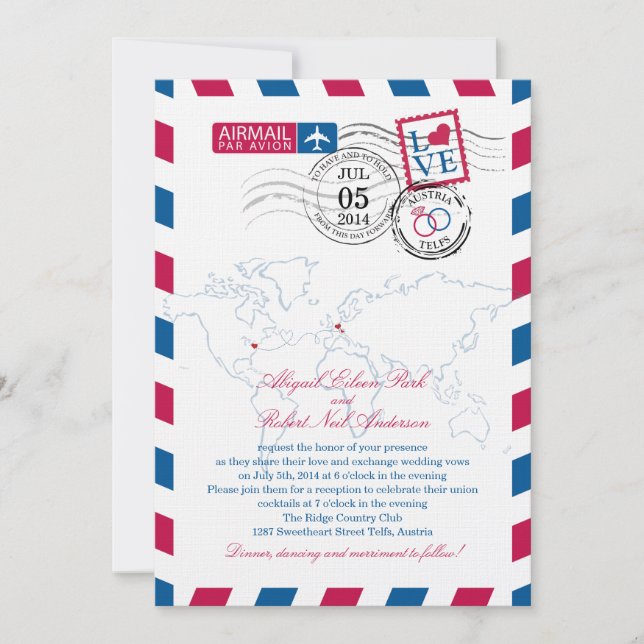 Austria Airmail Heart Bröllop Inbjudningar (Framsida)