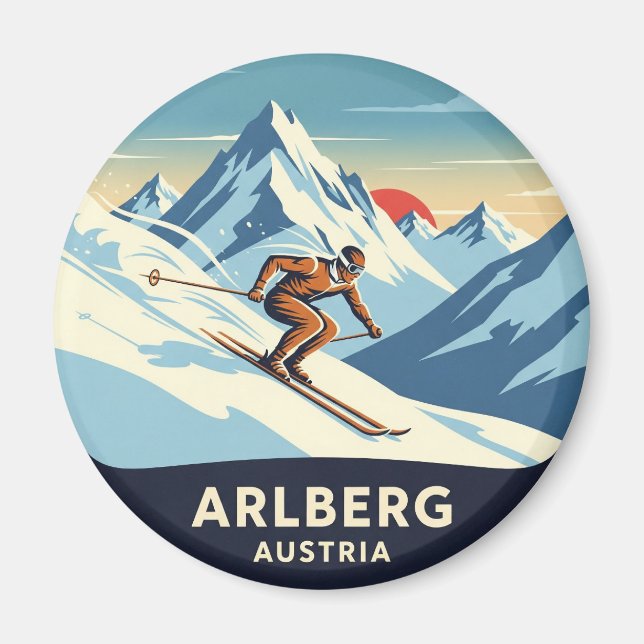 Austria Arlberg Skier Skiing Magnet (Framsidan)