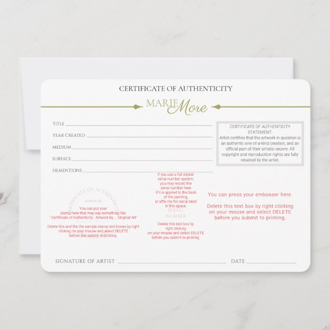 Autenticitetscertifikat Inbjudningar (Framsida)