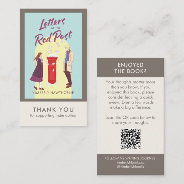 Author Book Review Request Card QR Code Taupe Visitkort (Fram/baksida)