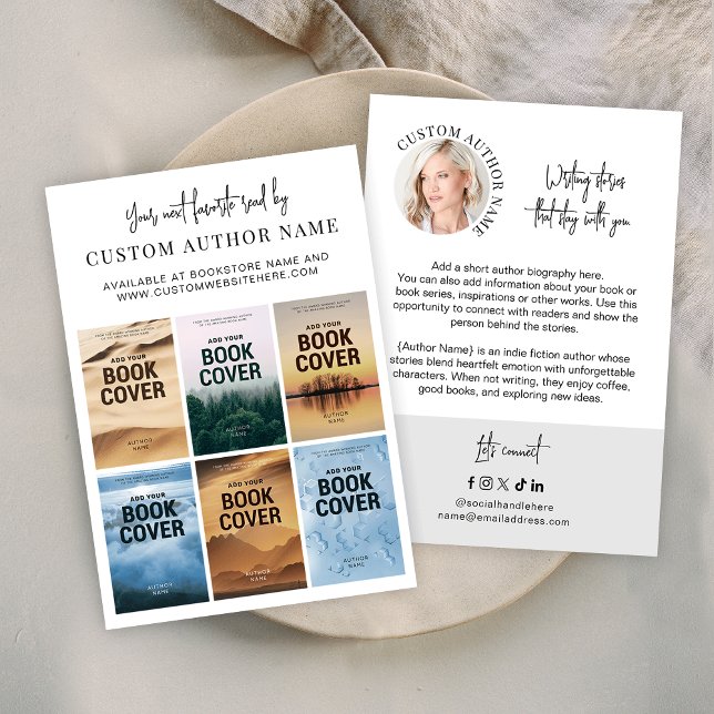 Author Book Series Marketing Custom Photo Collage Visitkort (Minimalist author bibliography marketing business cards with 6 custom book covers and profile photo)