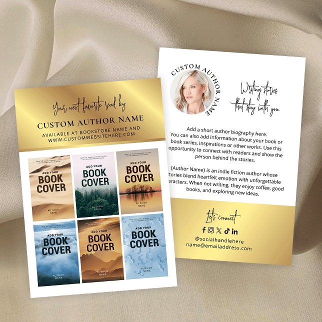 Author Book Series Photo Collage White & Gold Visitkort (Faux gold author bibliography marketing business cards with 6 custom book covers and profile photo)