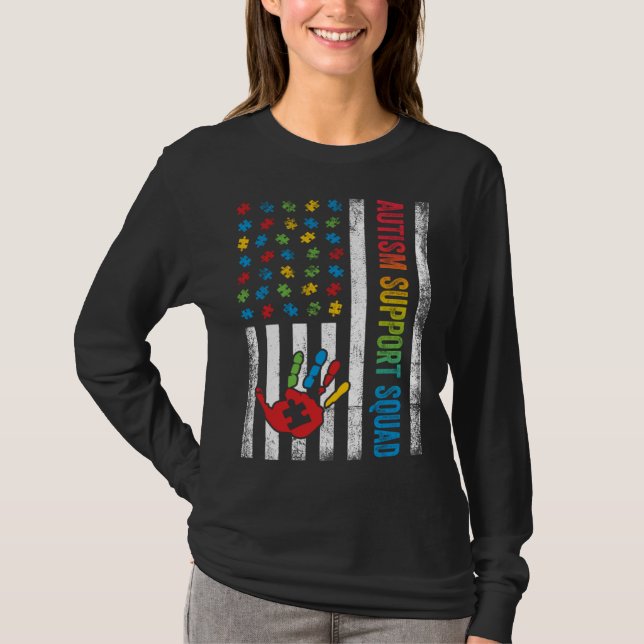 Autism American Flag Autism Support Squad T Shirt (Framsida)