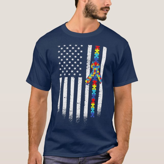 Autism American Flagga Puzzle Autism Awareness T Shirt (Framsida)