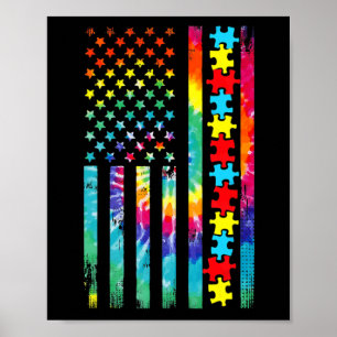 Autism American Flagga Tee Tie Dye Autism Awarenes Poster