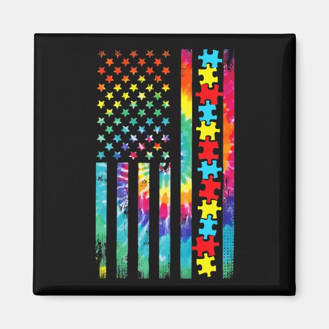 Autism American Flagga Tie Dye Autism Awareness fo Magnet (Framsidan)