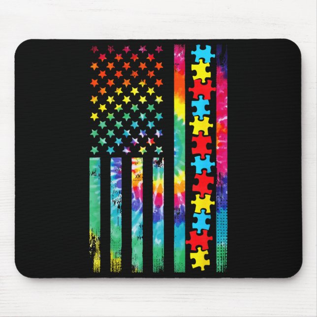 Autism Amerikansk Flagga Tie Dye Autism Medvetenhe Musmatta (Framsidan)