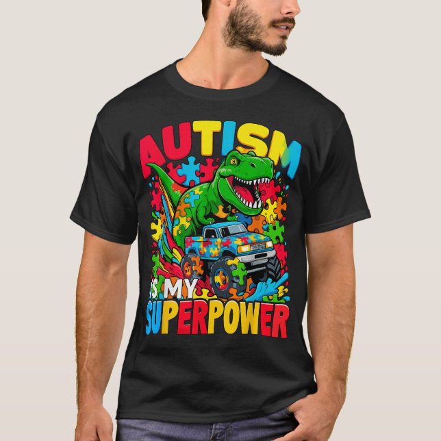 Autism är min supermakt Dino Boys Monster Lastbil T Shirt (Framsida)
