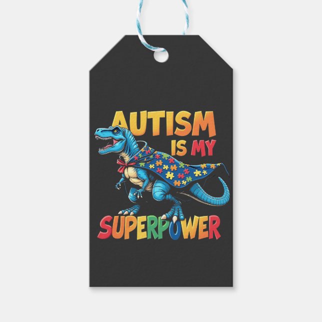 Autism är min supermakt Dinosaur Autism-medvetenhe Presentetikett (Framsidan)