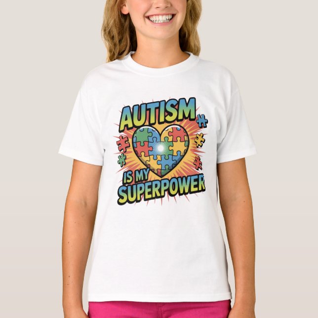 Autism är min supermakt - färglöst puzzelhjärta t shirt (Framsida)