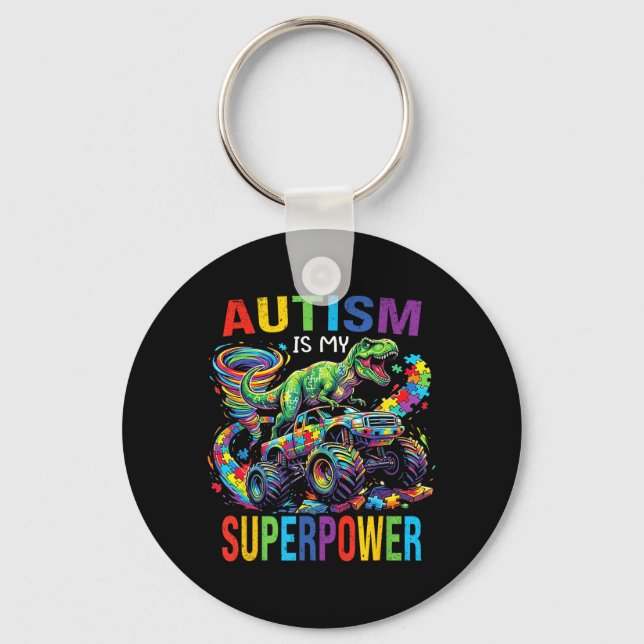 Autism är Superkraft Dinosaurie T Rex Lastbil Puss Nyckelring (Framsida)