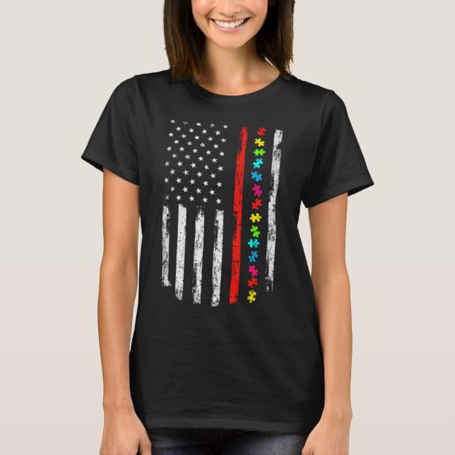 Autism Awareness 4:e juli Thin Red Line Firefighte T Shirt (Framsida)