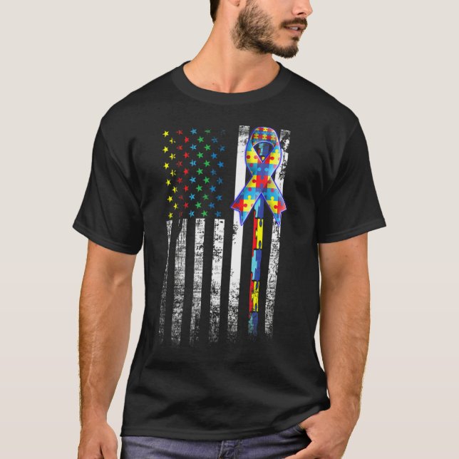 Autism Awareness American Flagga Distress Tee (Framsida)