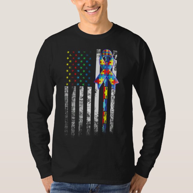Autism Awareness American Flagga Distress Tee (Framsida)
