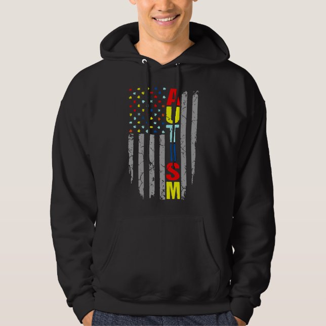 Autism Awareness American Flagga Puzzle Biet Hoodie (Framsida)