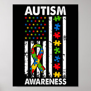 Autism Awareness American Flagga Puzzle Ribbon Pap Poster