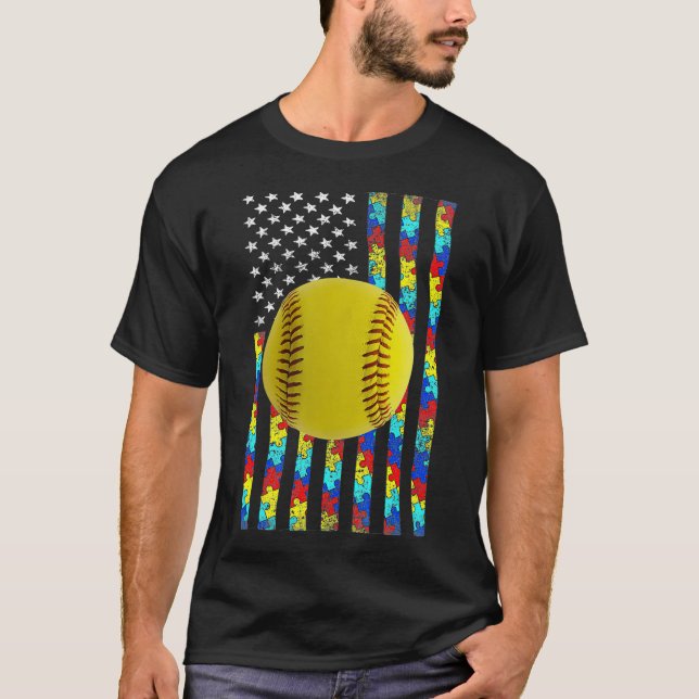 Autism Awareness American Flagga Softball T Shirt (Framsida)