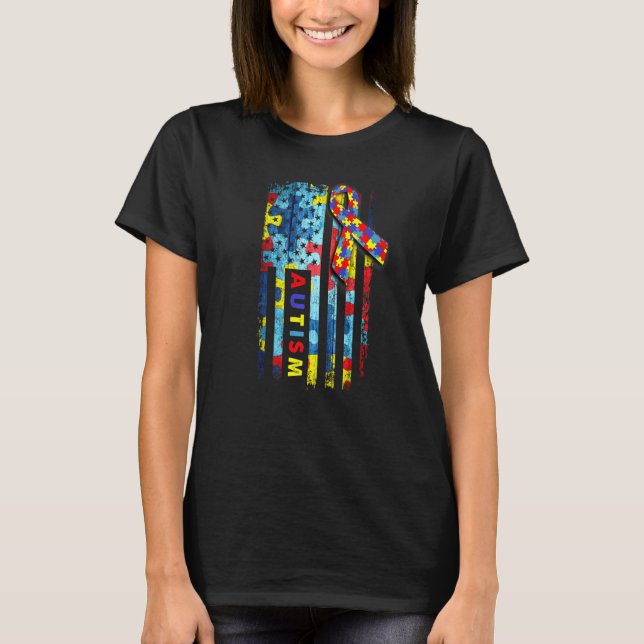 Autism Awareness American Flagga Support Manar Wom T Shirt (Framsida)