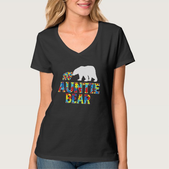 Autism Awareness Auntie Bear Puzzle Support Autist T Shirt (Framsida)