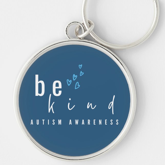 autism awareness be kind blue hearts modern  rund silverfärgad nyckelring (Framsidan)