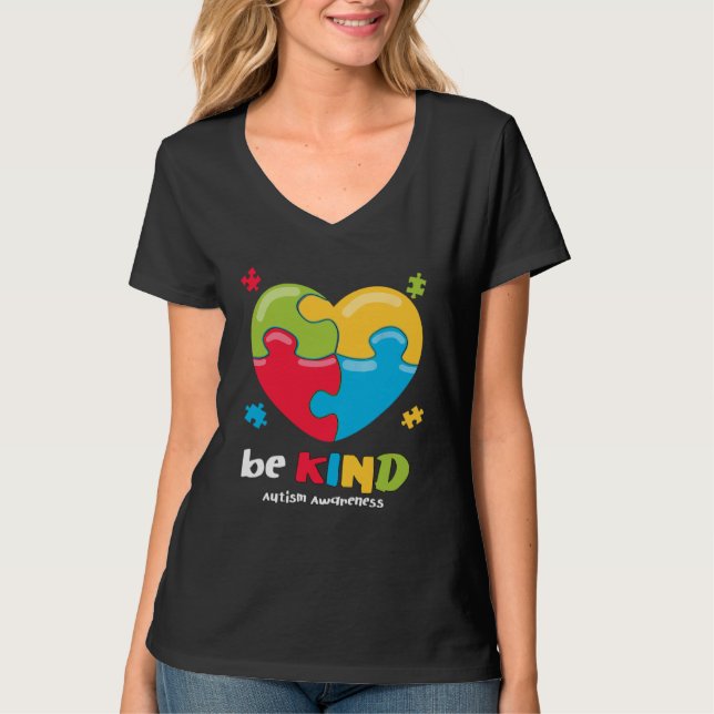 Autism Awareness   Be Kind Puzzle Heart Kindness   T Shirt (Framsida)