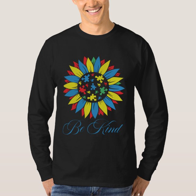 Autism Awareness Be Kind Puzzle Piece Sunflower Wo T Shirt (Framsida)