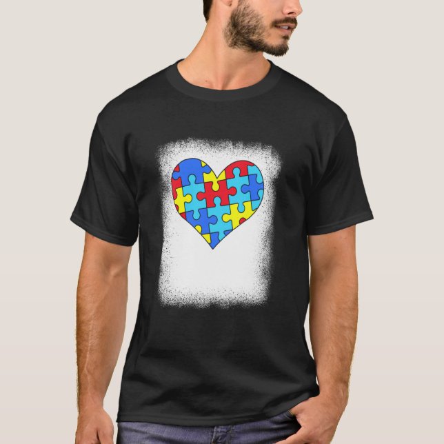 Autism Awareness Bleached Autism Heart Puzzle Piec T Shirt (Framsida)