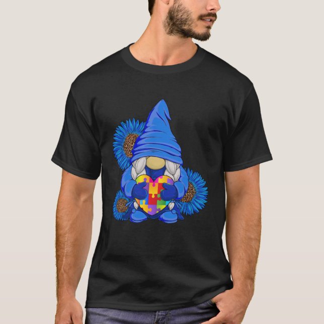 Autism Awareness Blue Gnome with Leopard Sunflower T Shirt (Framsida)