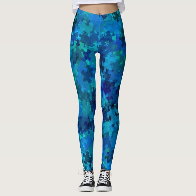 Autism Awareness Blue Puzzle Collage Leggings (Framsida)