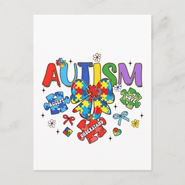 Autism Awareness Bow Coquette Puzzle Biet Neuro Vykort (Framsida)