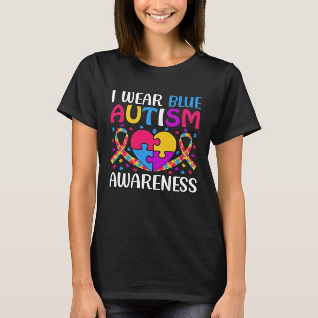 Autism Awareness Boys Girls I Wear Blue ASD Puzzle T Shirt (Framsida)