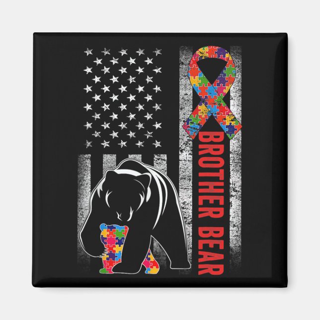 Autism Awareness Brother Bear American Flagga Auti Magnet (Framsidan)