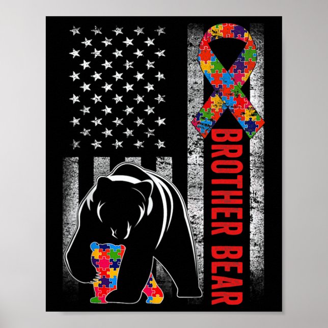 Autism Awareness Brother Bear American Flagga Auti Poster (Framsidan)