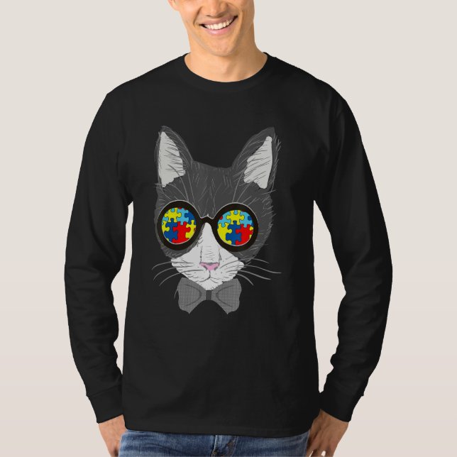 Autism Awareness Cat Ansikte Sunglasses Puzzle Bie T Shirt (Framsida)