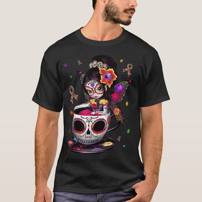 Autism Awareness Coffee Sugar Skull Girl Autism Da T Shirt (Framsida)