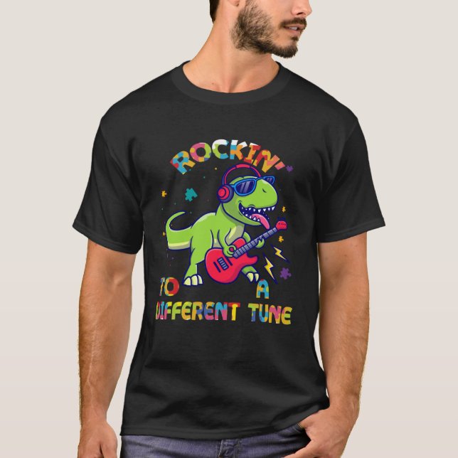 Autism Awareness Dino Rex Rockin To Different Tune T Shirt (Framsida)