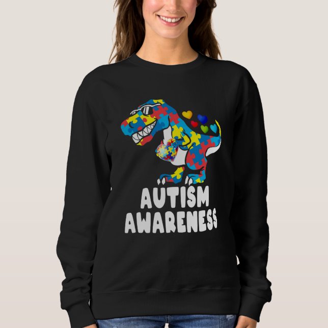 Autism Awareness Dinosaur Rex Heart Puzzle Pieces  T Shirt (Framsida)
